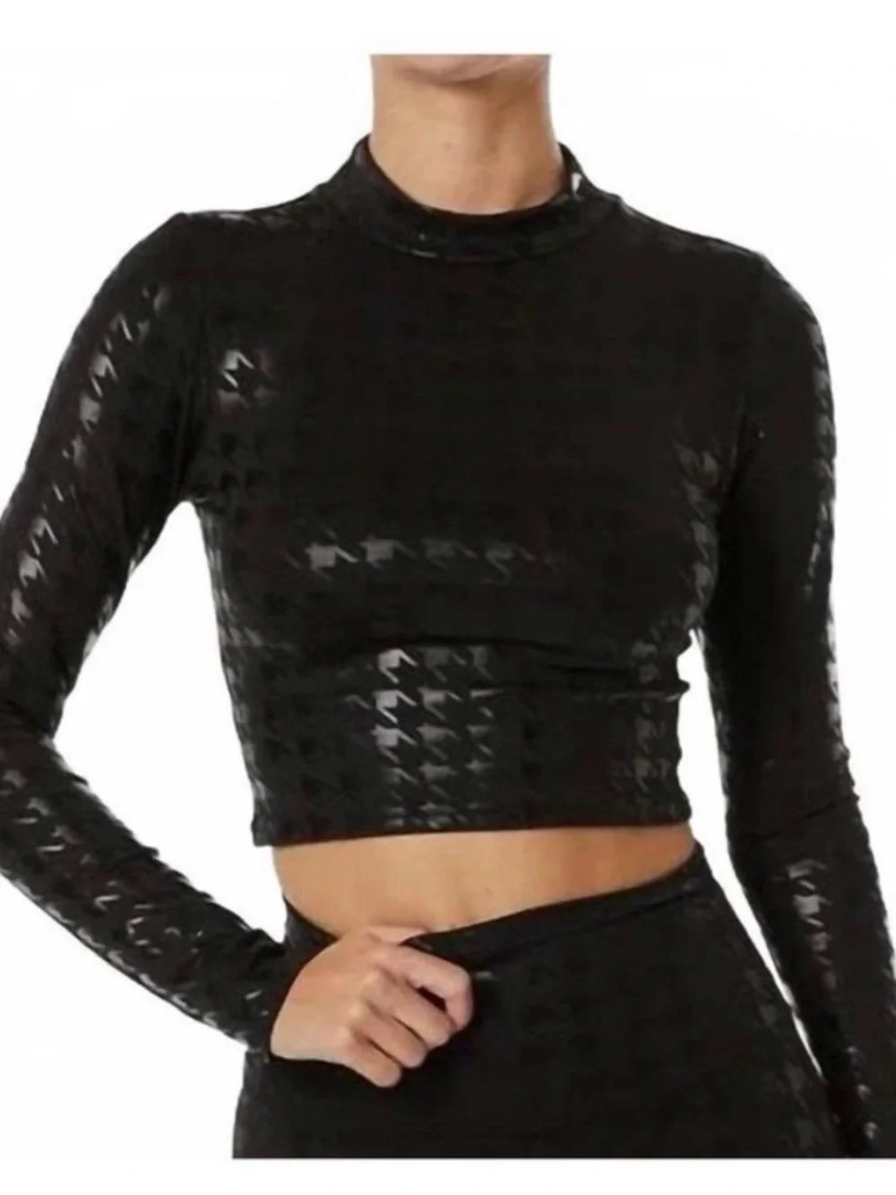 Noli Black Sheer Houndstooth Long Sleeve Crop Top - Picture 1 of 5